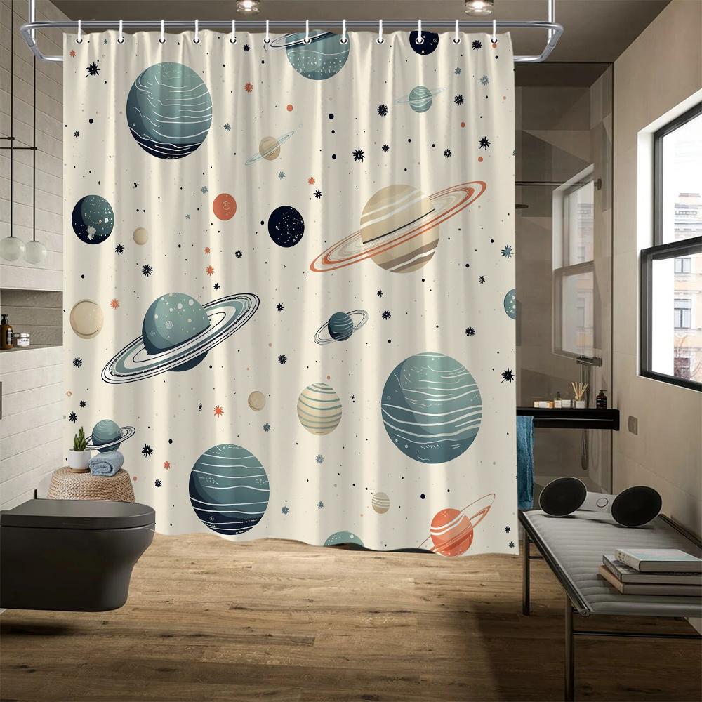 Whimsical Galaxy Shower Curtain, Vibrant Space Art With Planets & Stars, Polyester, Perfect For Modern Bathroom Decor