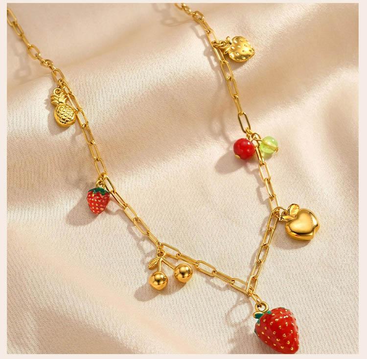 Fruit Necklace for Women, Adjustable Paperclip Chain, Y2K Cute Strawberry Apple Cherry Enamel Charm Pendant Jewelry Gift