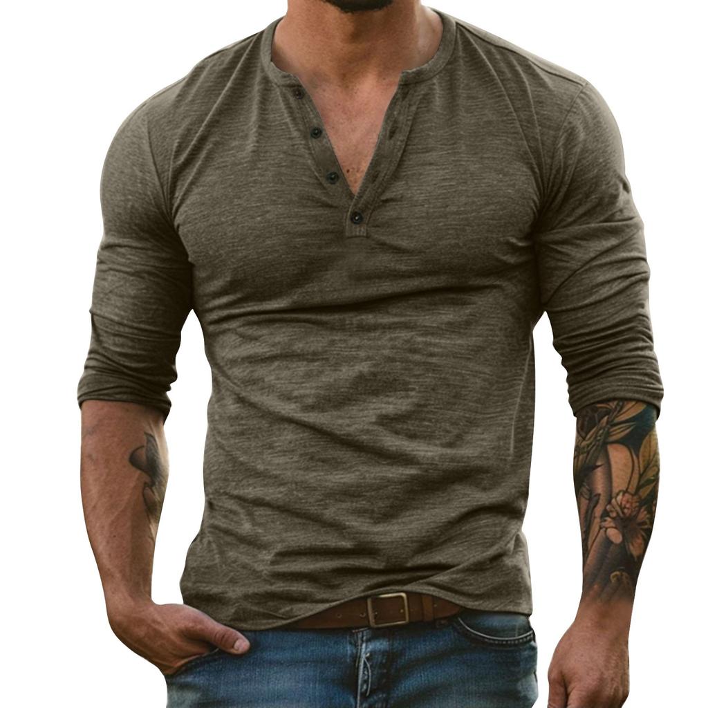 Men's Solid Color Long Sleeve Button Collar Long Sleeve T-Shirt Men's Casual Fashion Top