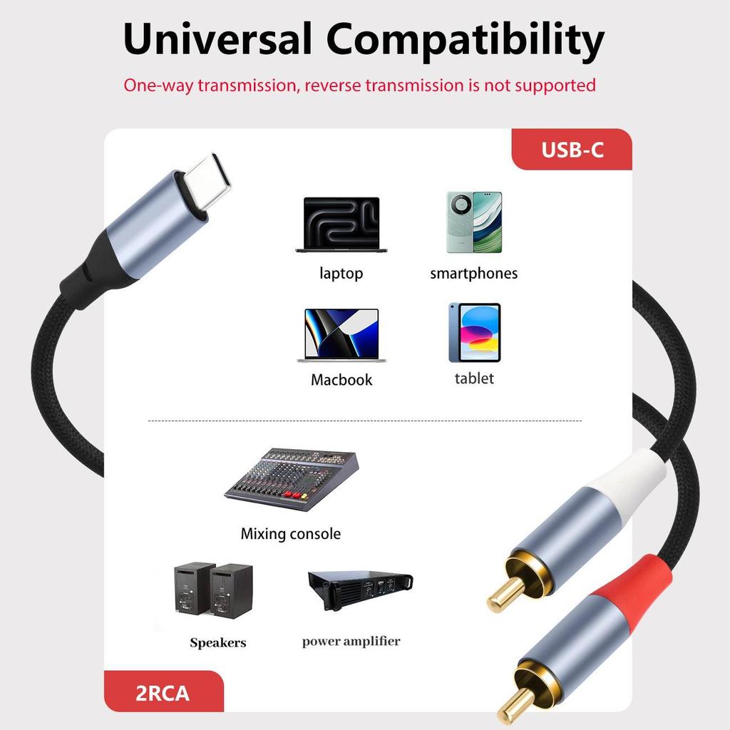 High-Fidelity USB-C To Dual RCA Audio Cable with 24Bit/96Khz Decoding