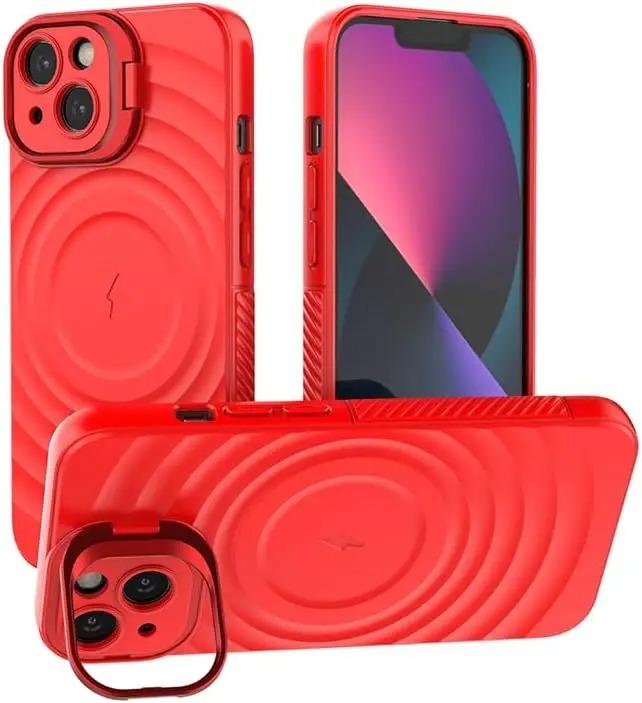 

Magnetic Magsafe Phone Case For iPhone 16 15 14 13 17 Pro Max Plus Invisible Lens Stand Round Water Ripple Soft Silicone Cover For iPhone 17 ProMax&Case & Holder червоний