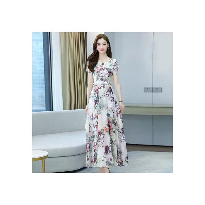 

Summer new women s clothing short-sleeved printed medium and long dresses women s fashion waist thin floral skirts tide 3XL білий