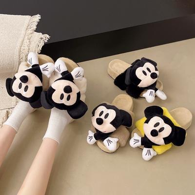 Cartoon Plush Mickey Wool Slippers Women's Outer Wear 2025 Autumn and Winter New Thick-soled One-pedal Cotton Slippers Women's Shoes