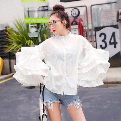 Stylish Shirt Women's Layered Ruffled Flared Sleeve Shirts Loose Stand-up Collar Tops
