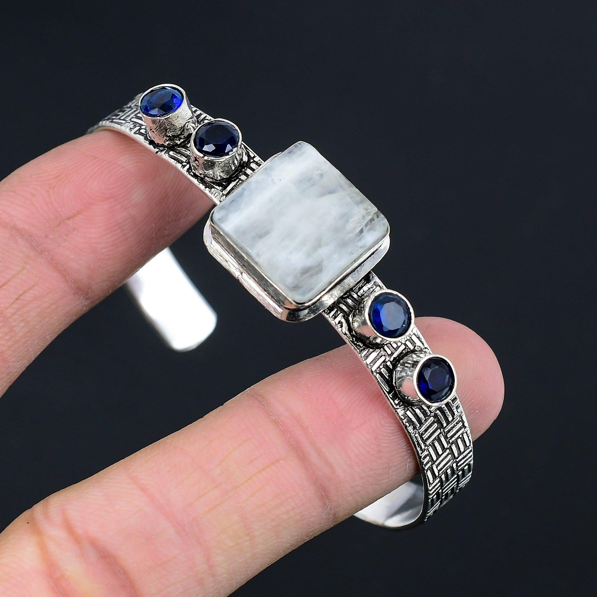 

925 Sterling Silver Square Rainbow Moonstone Gemstone Blue Topaz Bangle Bracelet Adjustable