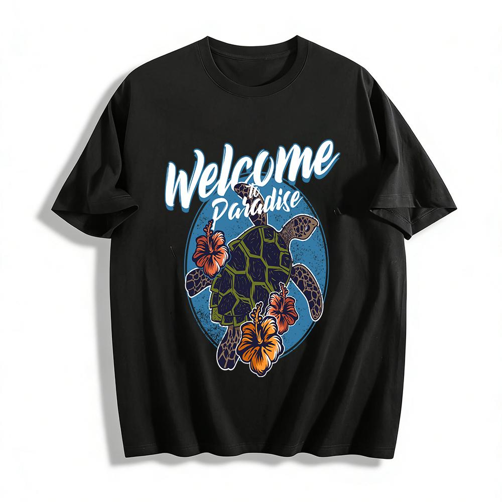 Welcome To Paradise Sea Turtle Hibiscus Print Vacation Tee Pure cotton T-shirt XXS