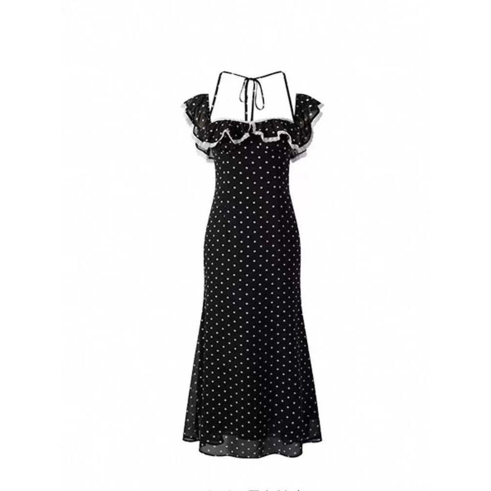 French temperament new waist slim fit summer vacation polka dot skirt long dress long dress women S