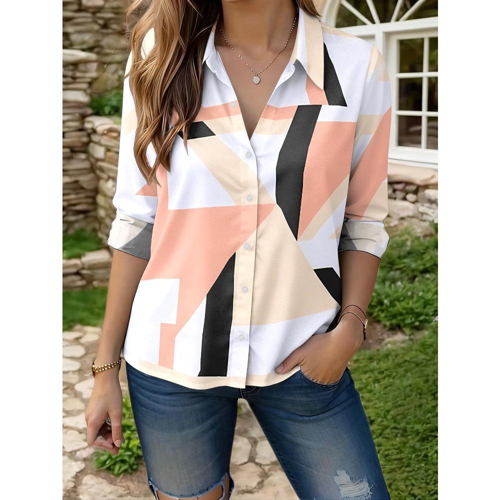 Women's casual shirts feature geometric color blocks arranged in an interlaced pattern, with black, brown, and white forming an abstract print