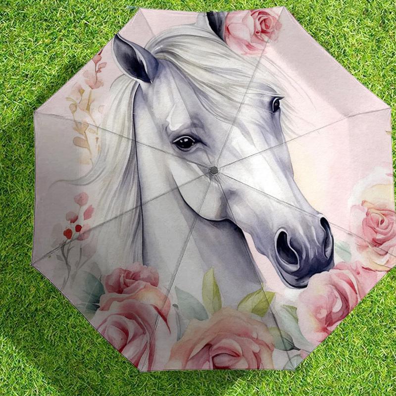 1pc Horse Floral Automatic Folding Umbrella, Heavy Duty 8 Rib Iron Frame,  Suitable for Travel, Daily Use, Birthday, Decor Gift m0104035