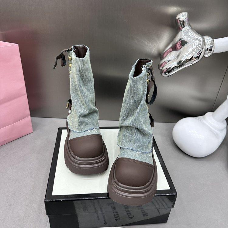 Western denim cloth pants tube boots knight martin boots women's autumn and winter short boots children thick heel
