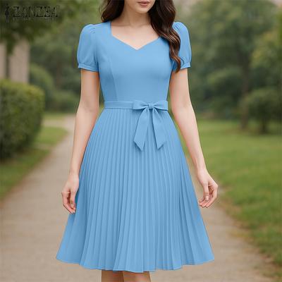 Women Summer Square Neck Casual Short Sleeve Dress