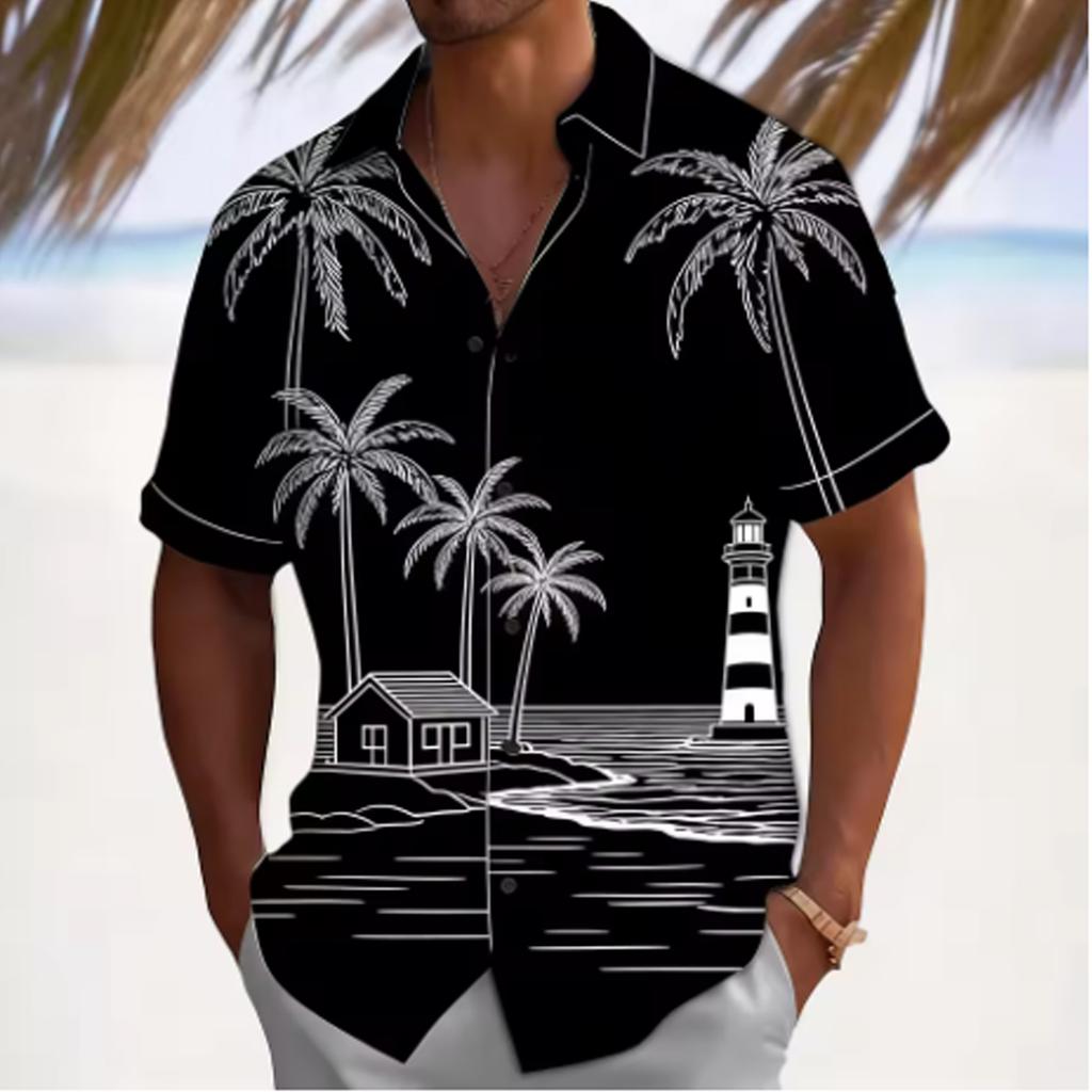 Thin Comfort Short Sleeve Shirts For Men, Relax Fit All Over Tropical & Marine Motif Lapel Tops
