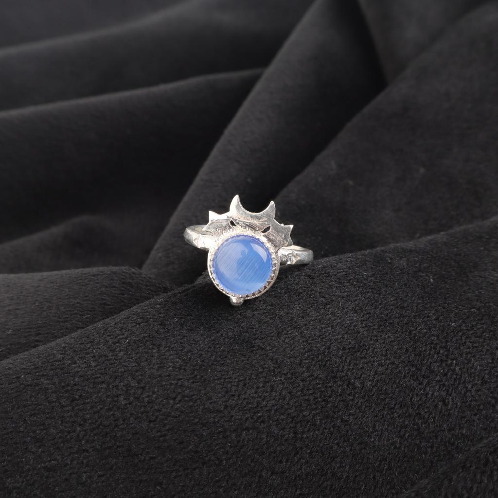 Natural Dark Blue Cat's Eye Gemstone 925 Sterling Silver Jewelry Handmade Ring RR-67-38