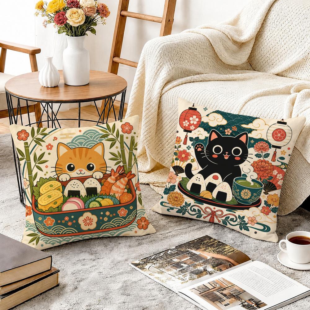 Kawaii Black Cat Ramen Noodle Cushion Cover Durable Hypoallergenic Organic Linen Short Pillow Cover Washable