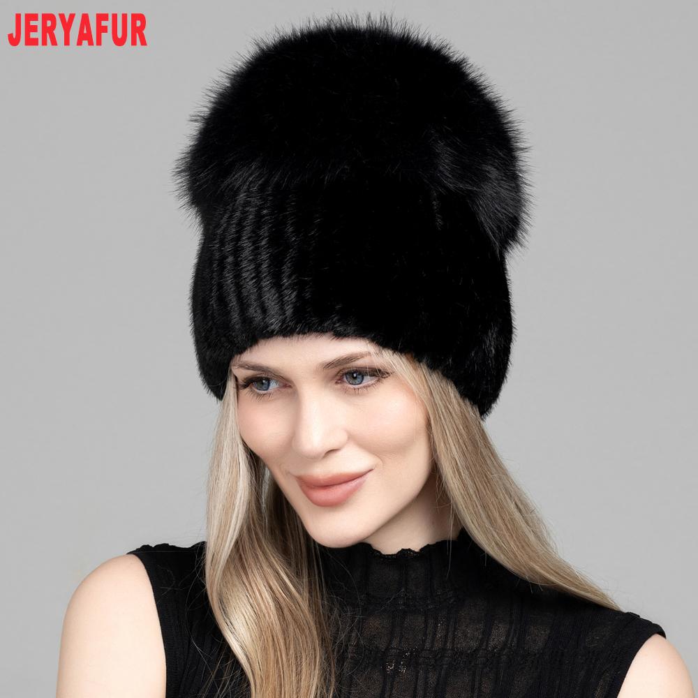 JERYAFUR Women Large Pom Pom Faux Fur Beanie Hat, Soft Fluffy Warm Black Ladies Winter Cap for Daily Cold‑Weather Outfits