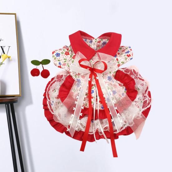 Yousheng 1 Set Cat Princess Skirt Lace Stitching Bowknot Floral Print Two-legged Pet Dog Cat Lolita Skirt with Cherry Hair Clip Pet Supplies