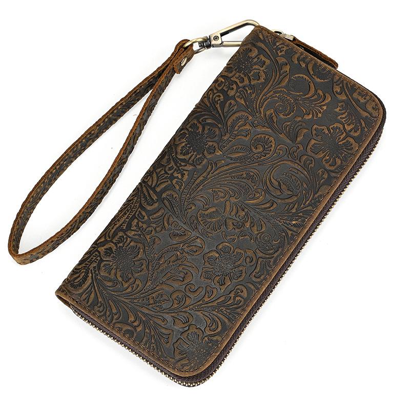 Men'S Crazy Horse Leather Wallet Retro Embossed Fashion Long Wallet Leather Zipper Clutch Multi-Card Mobile Phone Money