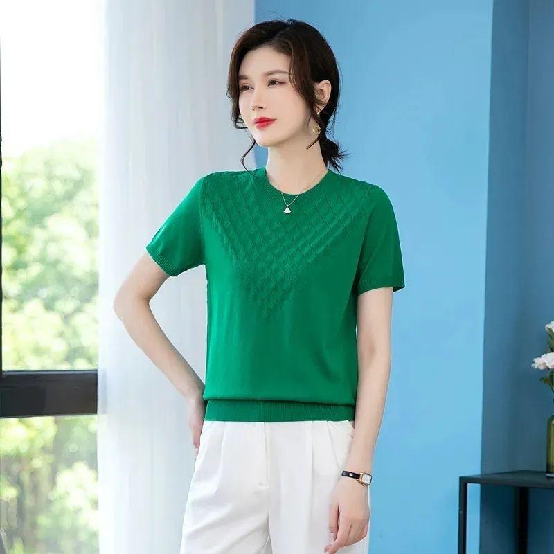 Sommer Damenbekleidung Mama Neu Einfarbig Kurzarm T-Shirt Gestrickt Rundhalsausschnitt Locker Dünnes Oberteil