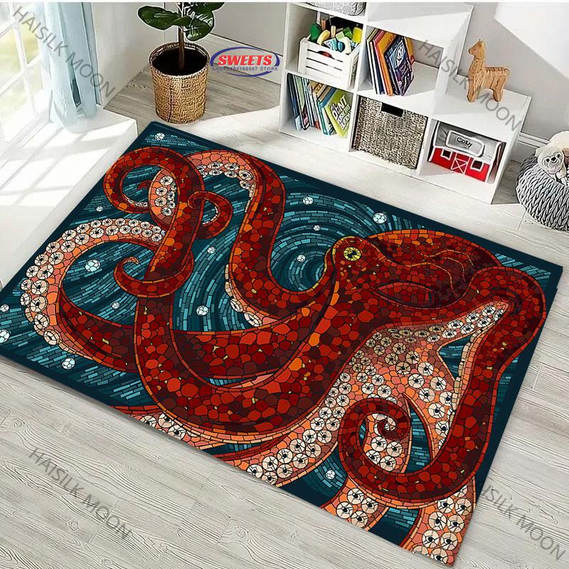 

Japanese Painting Style Octopus Area Rug – Non-Slip Carpet for Bedroom, Living Room or Office – Unique Floor Mat for Home Decor 60*90cm