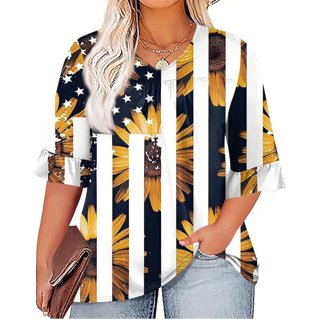 Women's Fashion Casual Independence Day Printed V-Neck Seven Sleeve Ruffle Sleeve T-Shirt Top