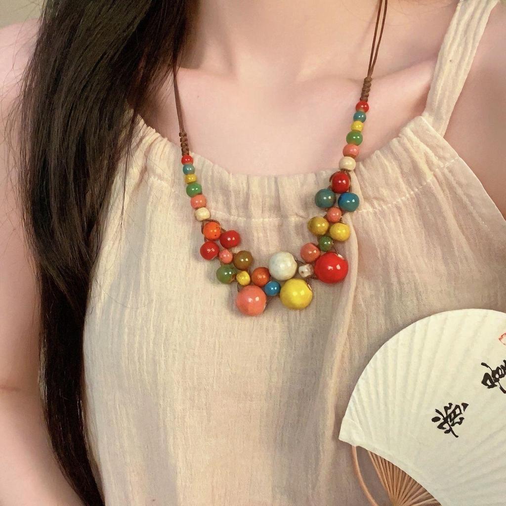 Vintage náhrdelník v bohémském stylu pro dívku, etnický styl, keramický přívěsek s motýlem, náhrdelník, šperk, dárek