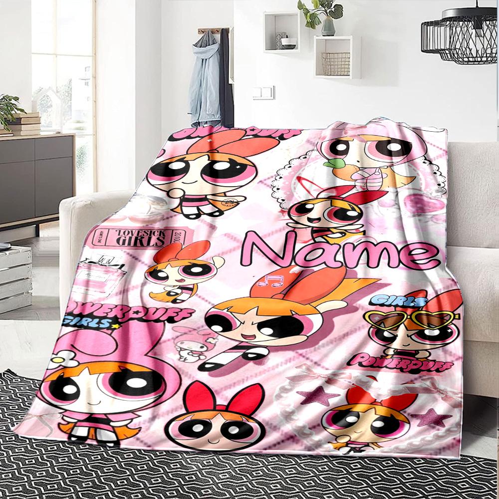 Custom Name Powerpuff Girls Halloween Flannel Blanket for Super Soft Cute Comfort Blanket for Travel Bedding Couch Sofa Blanket