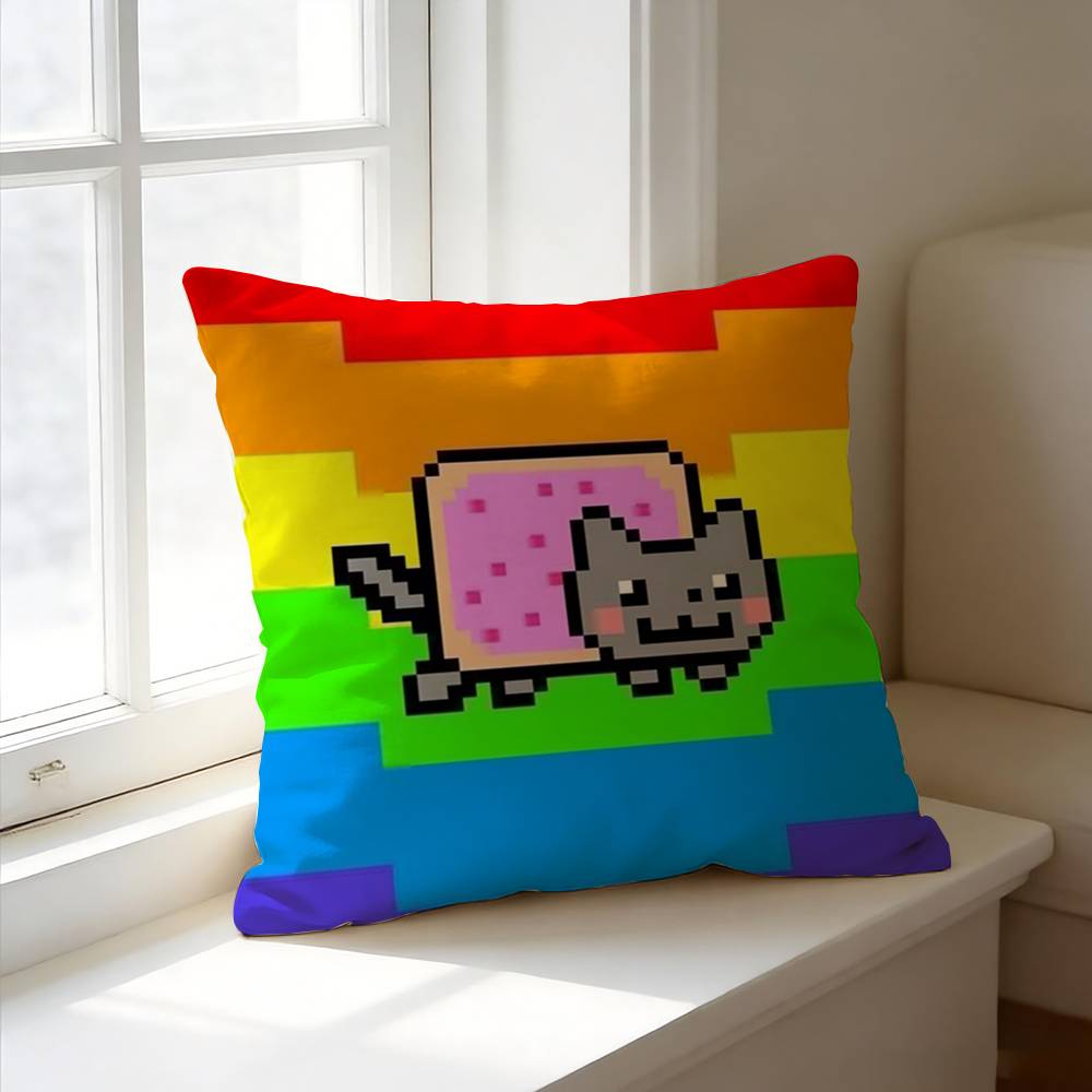 Pixel-Art Cartoon N-Nyan C-Cat Square Double-Sided Printed Pillow Case Bedroom Bedside Pillow Sofa Cushion Cover