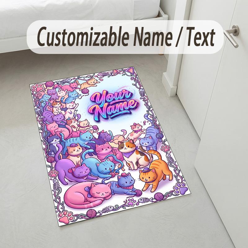 Cat Theme Crystal Velvet Rug Personalized Custom Name Text Soft Floor Mat Home Decor