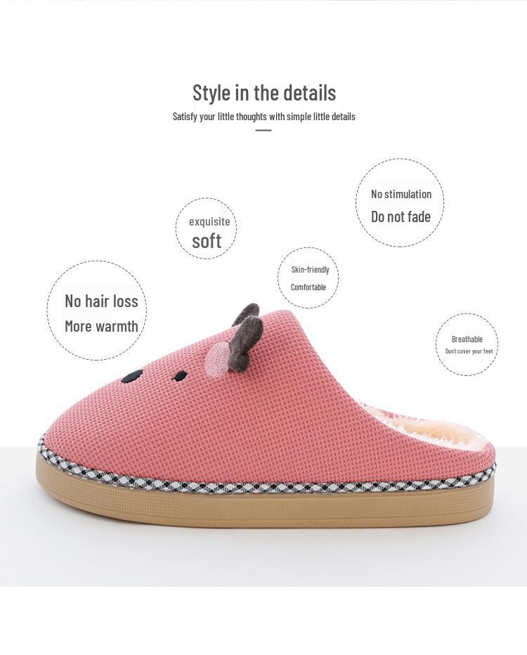 Winter Women's Cute Cartoon Closed Heel Velvet Slippers - Non-slip, Warm, Indoor Cotton Fur for Couples
