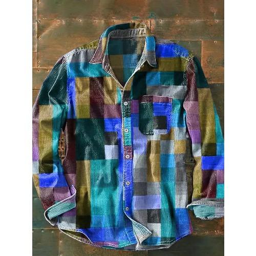 Retro-style Colour-block Print Men’s Long-sleeved Button-down Shirt