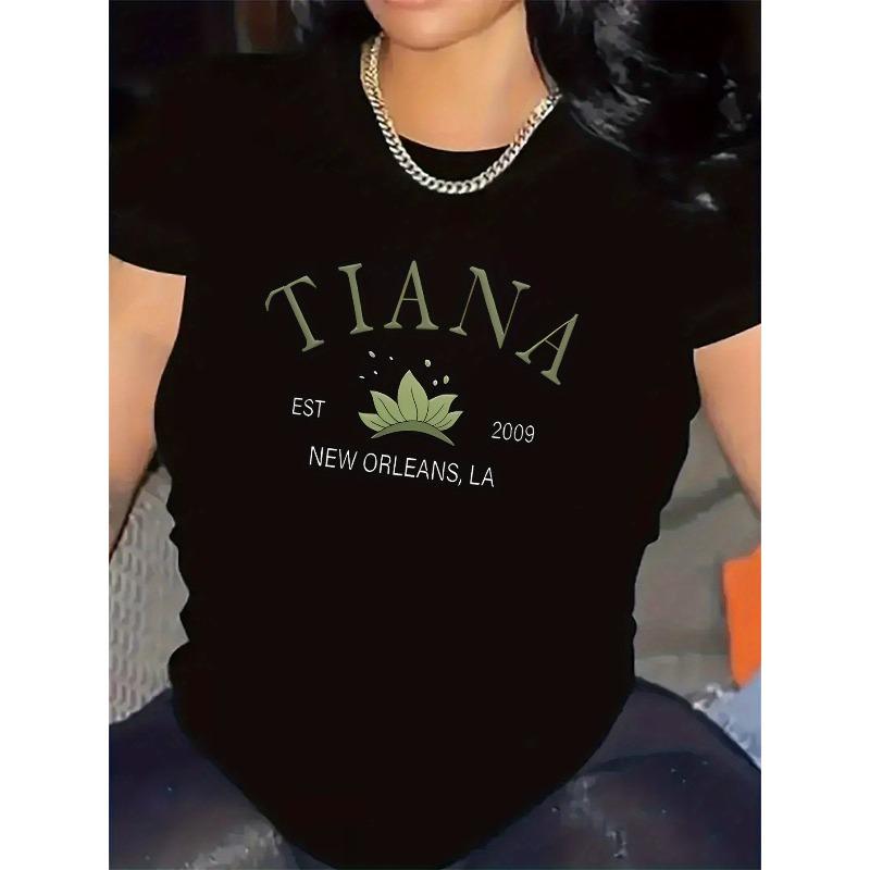 

European Size Women S Tiana Graphic T-Shirt - White Short Sleeve, Round Neck, Casual & Durable Design with Floral Print, Perfect for Everyday Wear 4XL чорний