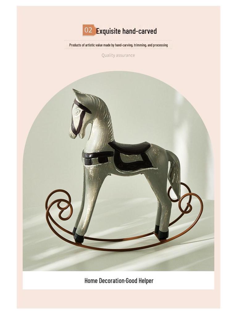 Nordic Retro Distressed Wooden Rocking Horse Ornament for Home and Children's Room Decor.