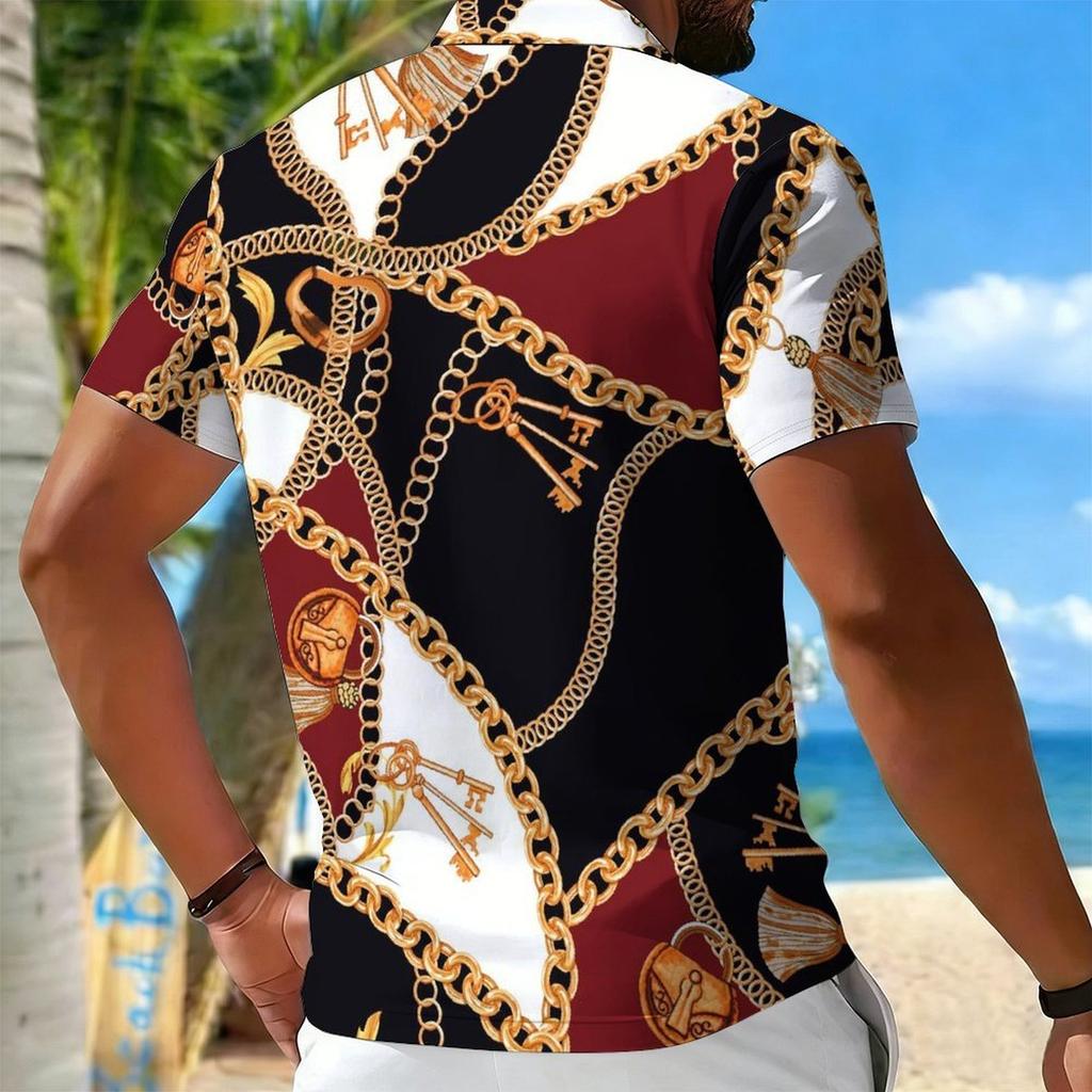 Women Short Sleeve Polo Shirt Black Red White Gold Chain Lock Key Print Half Zip Lapel Top
