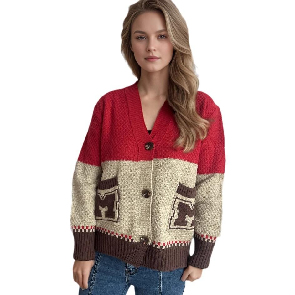 New Knitted Cardigan Autumn Edition Color Blocked Women's Sweater Jacket, Loose Casual Top for Outer Wear 3522