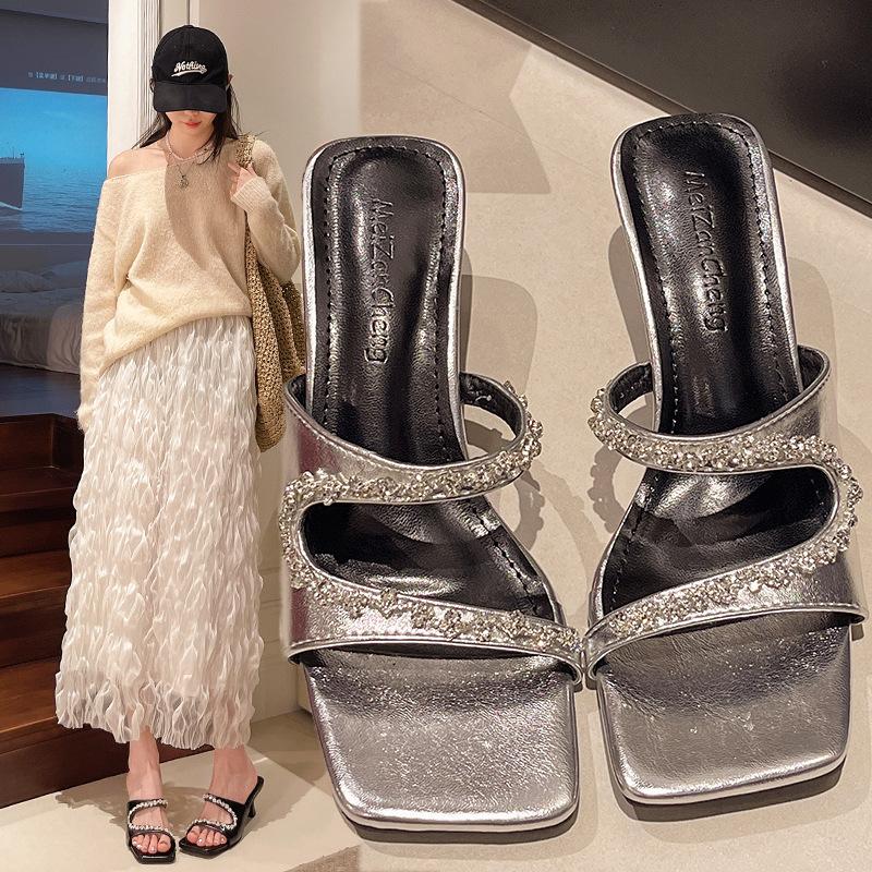 High-heeled Slippers Female 2025 New Summer with Skirt Thick-heeled Crystal Beautiful French Fairy Cool Slippers Outside