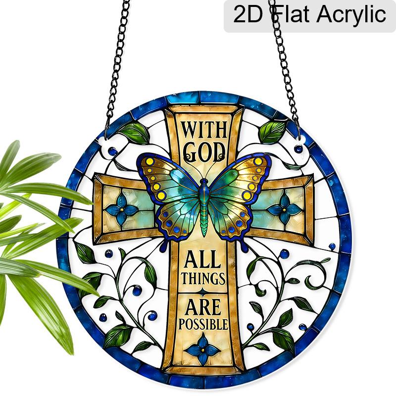 Acrylic Cross Butterfly Suncatcher Stained Glass Effect Window Hanging Ornament Religious Decor for Home