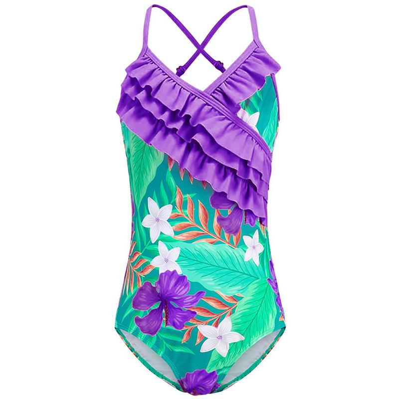 2022 Girls' Ruffle One-Piece Swimsuit - Digital Print Beachwear for Kids