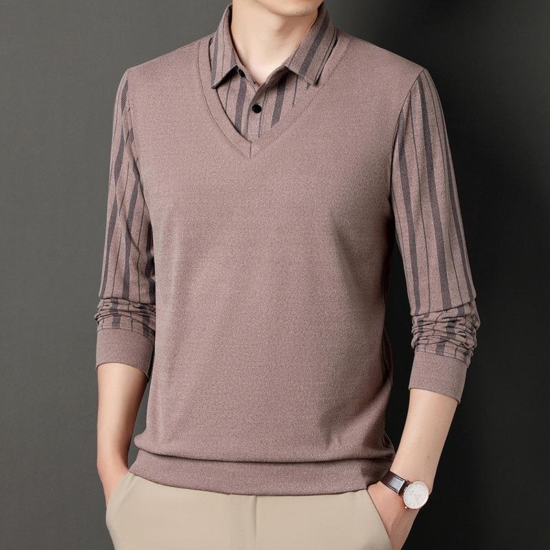 Men's New Autumn and Winter Long-sleeved T-shirt Polo Shirt for Young and Middle-aged People with Lapel Trendy Striped Bottoming Shirt for Men