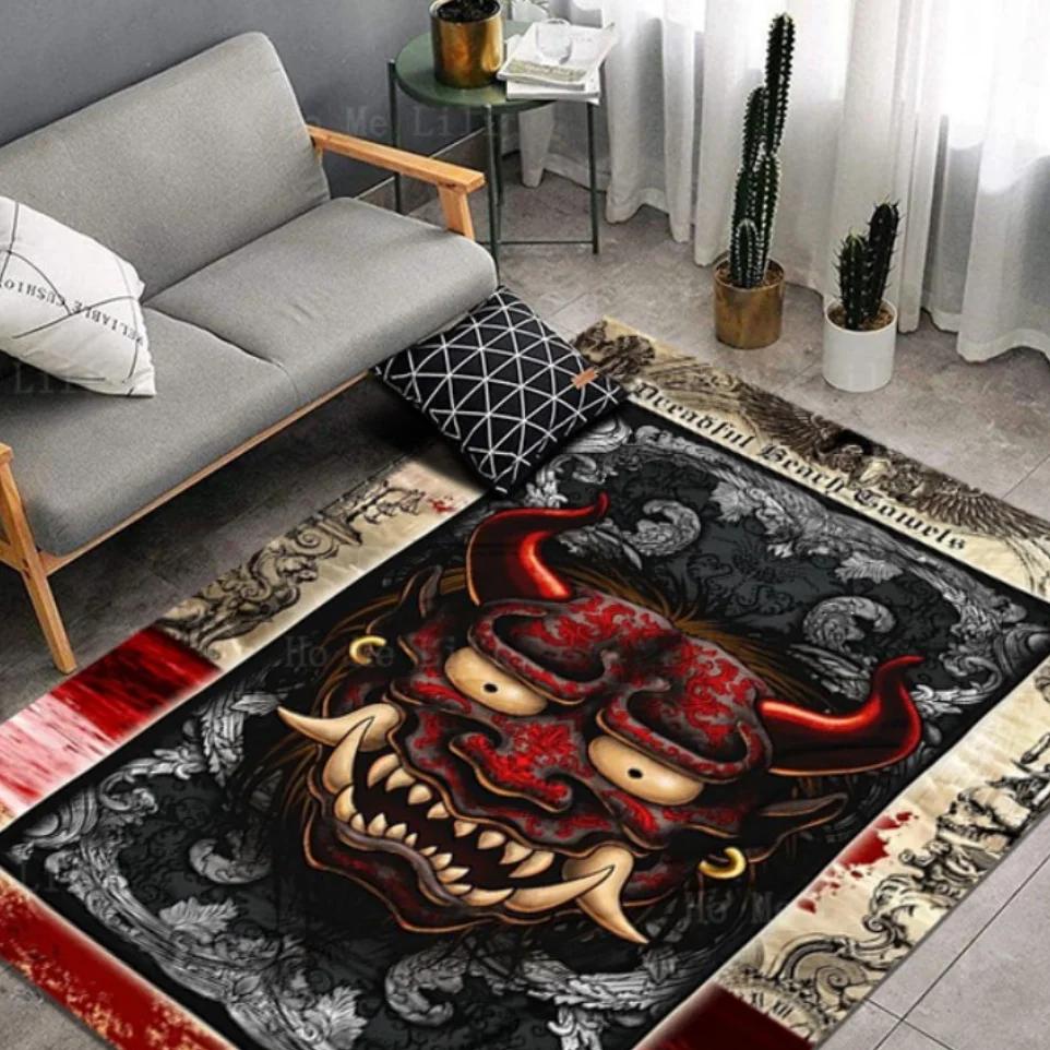 Japanese Demon Tattoo Steampunk Cow Horn Prajna Non Slip Flannel Floor Rugs By Ho Me Lili