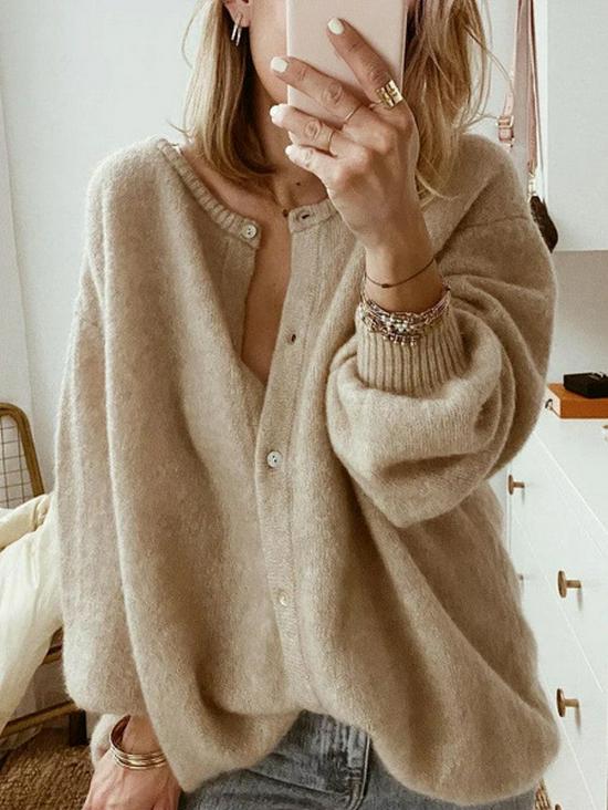 European & American Women's Plus Size Long-Sleeve Knitted Cardigan with Lantern Sleeves