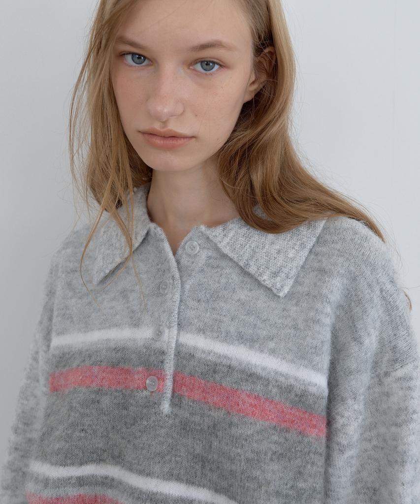 Kasel Multi Stripe Polo Knit, Melange Gray