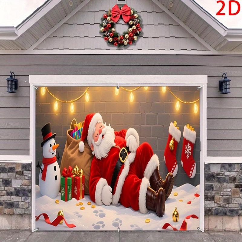 Christmas garage door decoration with sleeping Santa Claus, snowmen and flashing lights - winter Christmas background cloth