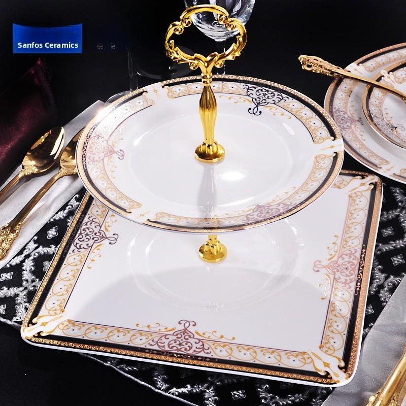 European Style Ceramic Double Layered Tray Fruit And Candy Plate Afternoon Tea Cake Stand Three Tier Dessert Holder Serving Tray