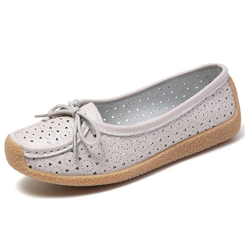 Neue Damen-Einzelschuhe, Rindsleder, weiche Sohle, Mutterschuhe, Sommer, hohl, flach, Freizeit-Bohnenschuhe