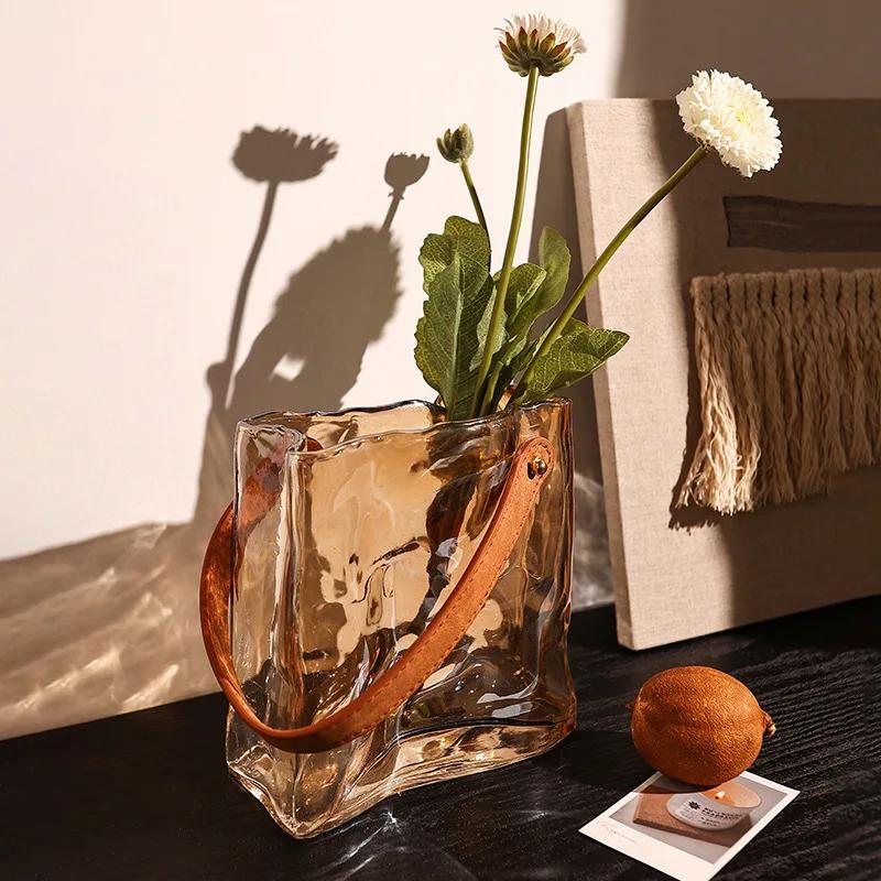 Creative Glass Vase Bag Shape Leather Handbag Terrarium Transparent Hydroponics Flower Pot Home Decoration Accessories