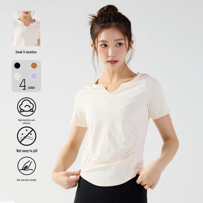 Women's V-Neck Ruched Yoga Top - Quick-Dry, Short Sleeve, Solid Color Fitness T-Shirt for Outdoor Running