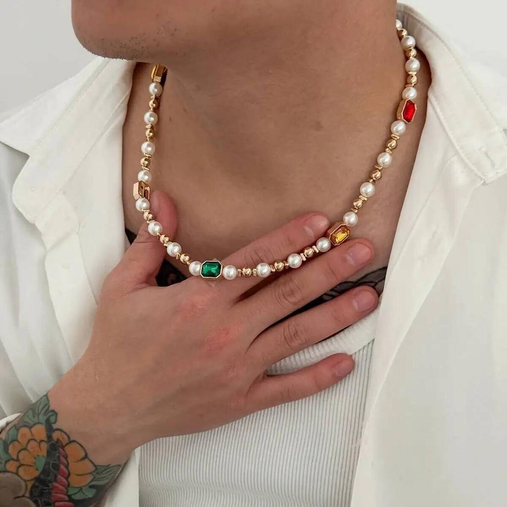 Ingemark Luxury Acrylic Rhinestone Imitation Pearl Beads Chain Necklace Men Retro Gold Color CCB Choker Necklace New Y2K Jewelry