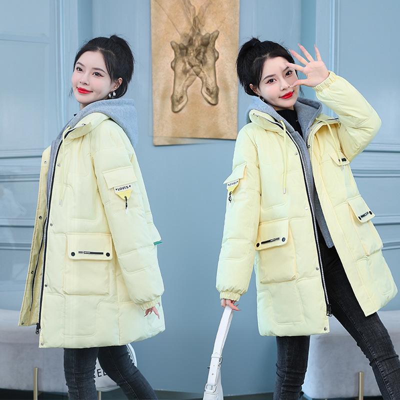 Fake Two Down Cotton Jackets, Women's Mid-length Trendy Candy Colors, Korean Loose Casual Cotton Jackets, Plus-size Padded Jackets