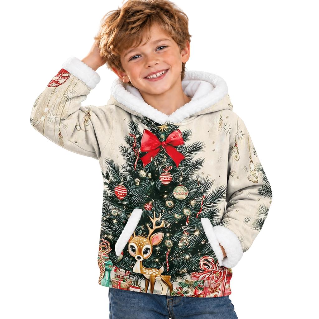 Kids Long Sleeve Christmas Print Casual Hooded Top for Boys and Girls Holiday Outfit