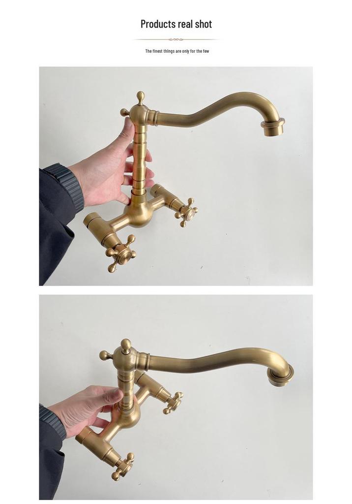 Retro French Copper Wall-Mounted Double Handle Faucet for Kitchen and Balcony.